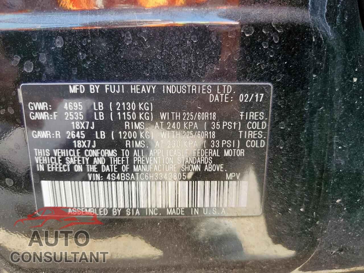 SUBARU OUTBACK 2017 - 4S4BSATC6H3343805