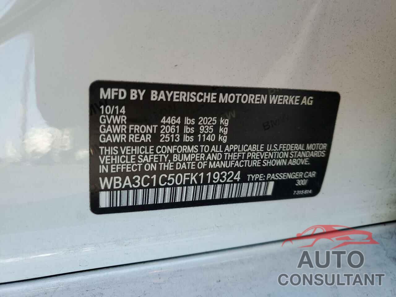 BMW 3 SERIES 2015 - WBA3C1C50FK119324