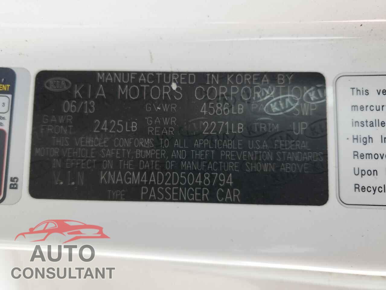 KIA OPTIMA 2013 - KNAGM4AD2D5048794