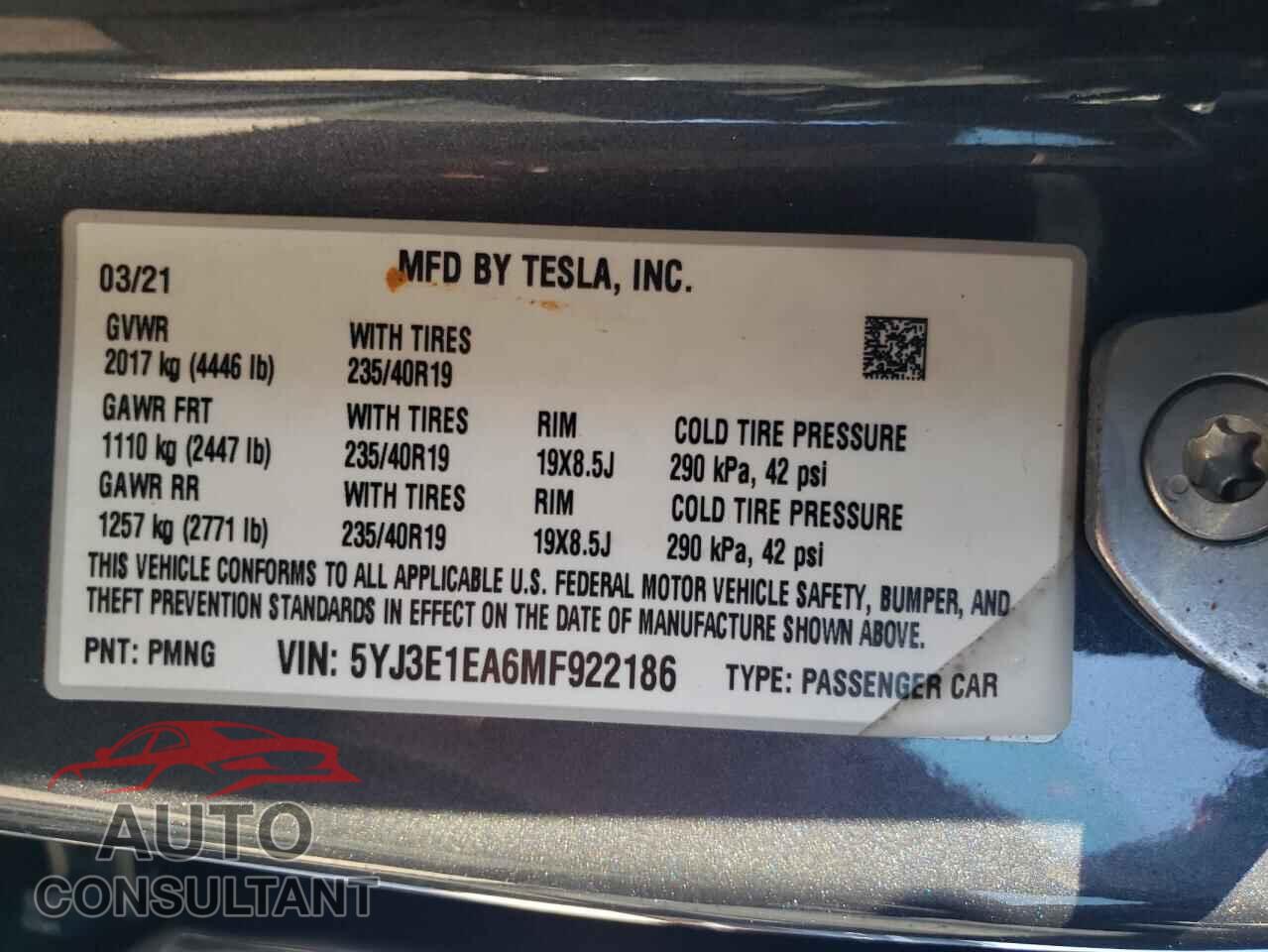 TESLA MODEL 3 2021 - 5YJ3E1EA6MF922186