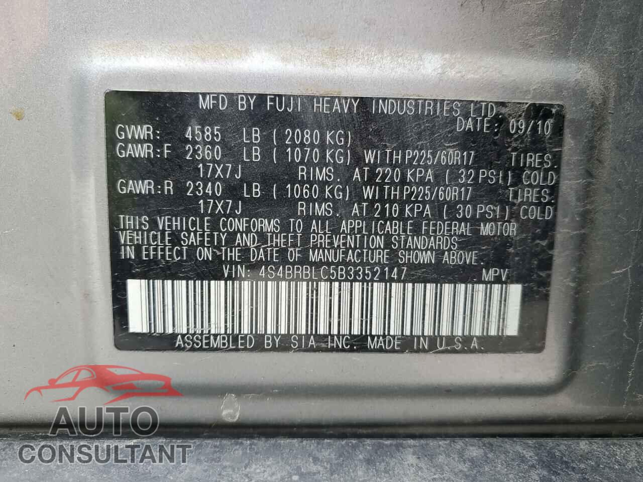 SUBARU OUTBACK 2011 - 4S4BRBLC5B3352147