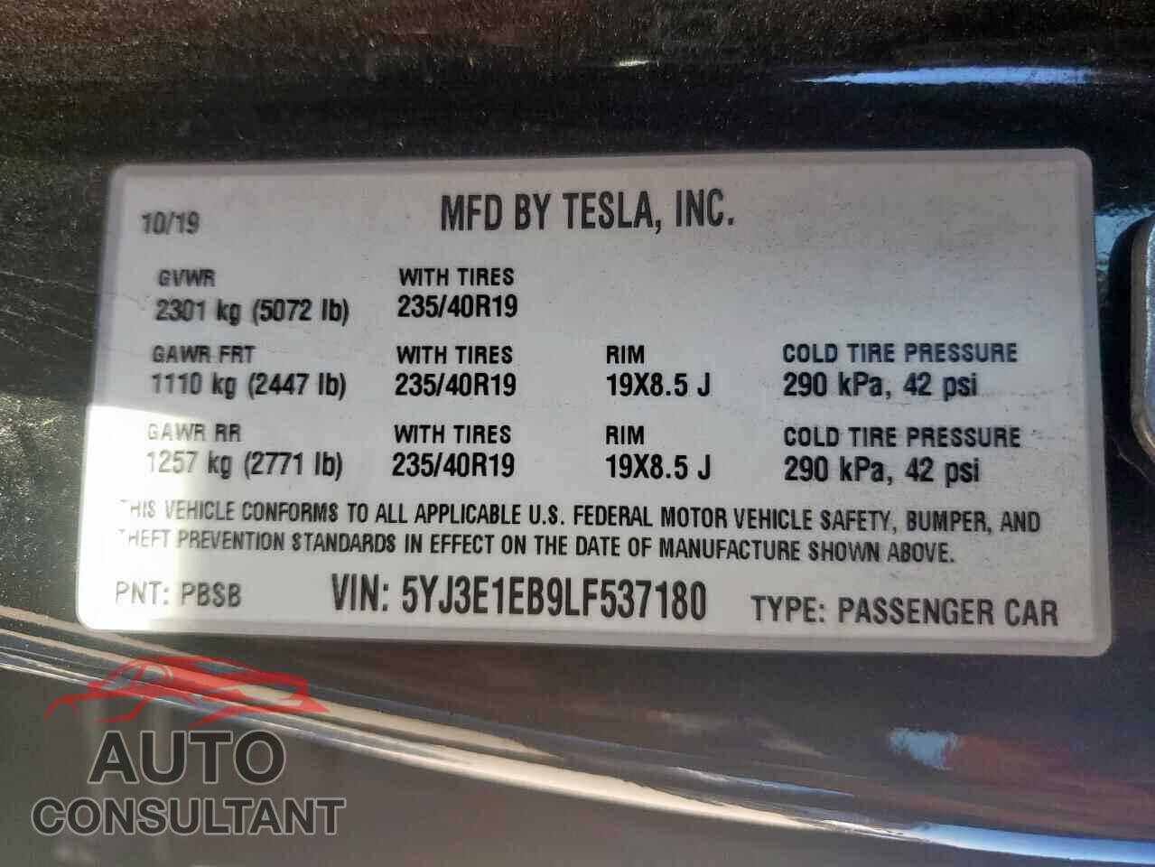 TESLA MODEL 3 2020 - 5YJ3E1EB9LF537180