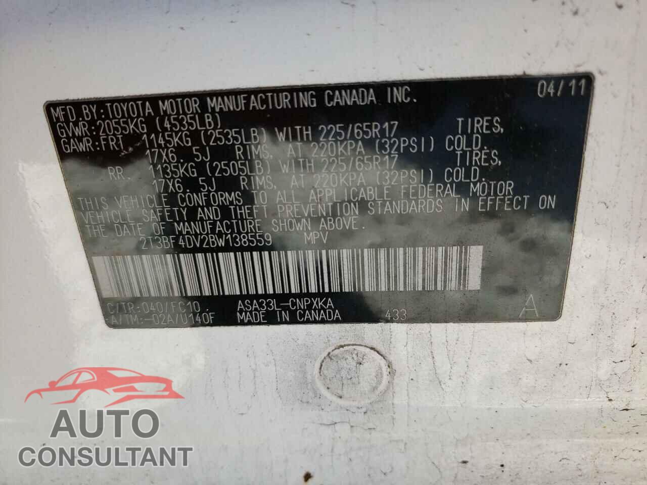 TOYOTA RAV4 2011 - 2T3BF4DV2BW138559