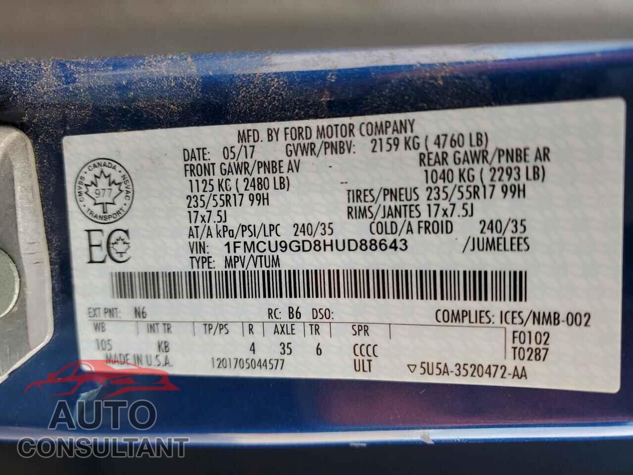FORD ESCAPE 2017 - 1FMCU9GD8HUD88643