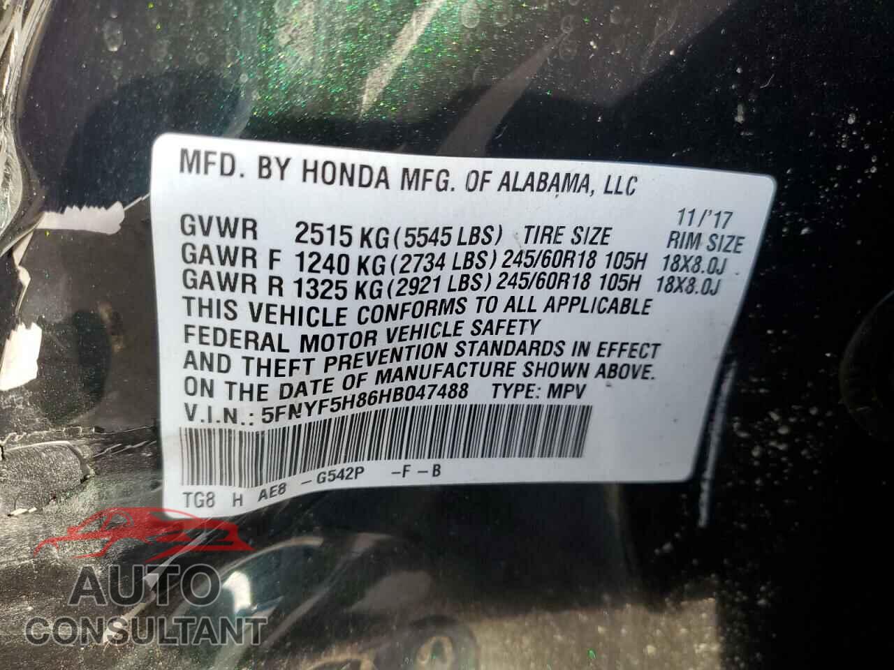 HONDA PILOT 2017 - 5FNYF5H86HB047488