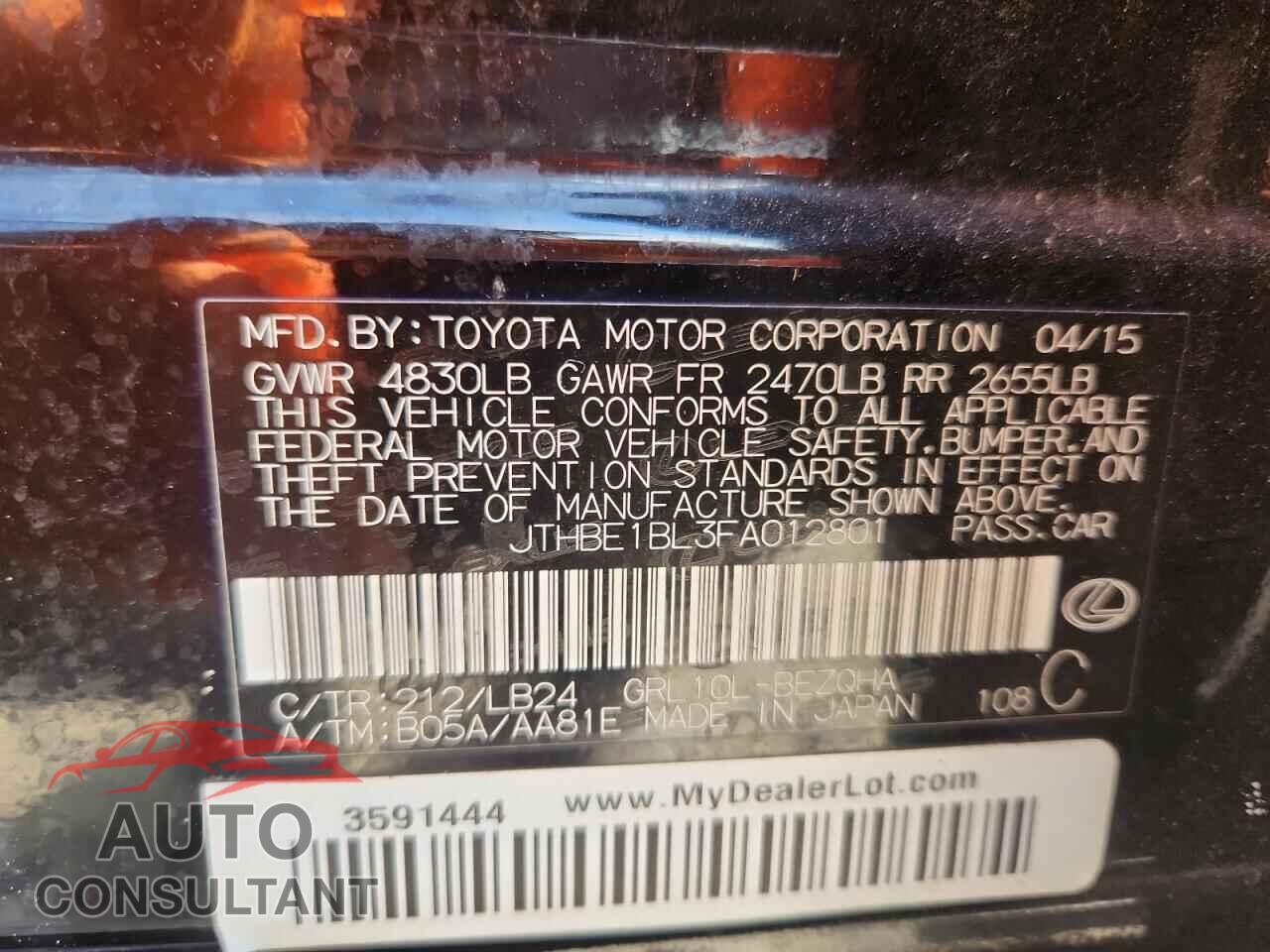 LEXUS GS350 2015 - JTHBE1BL3FA012801