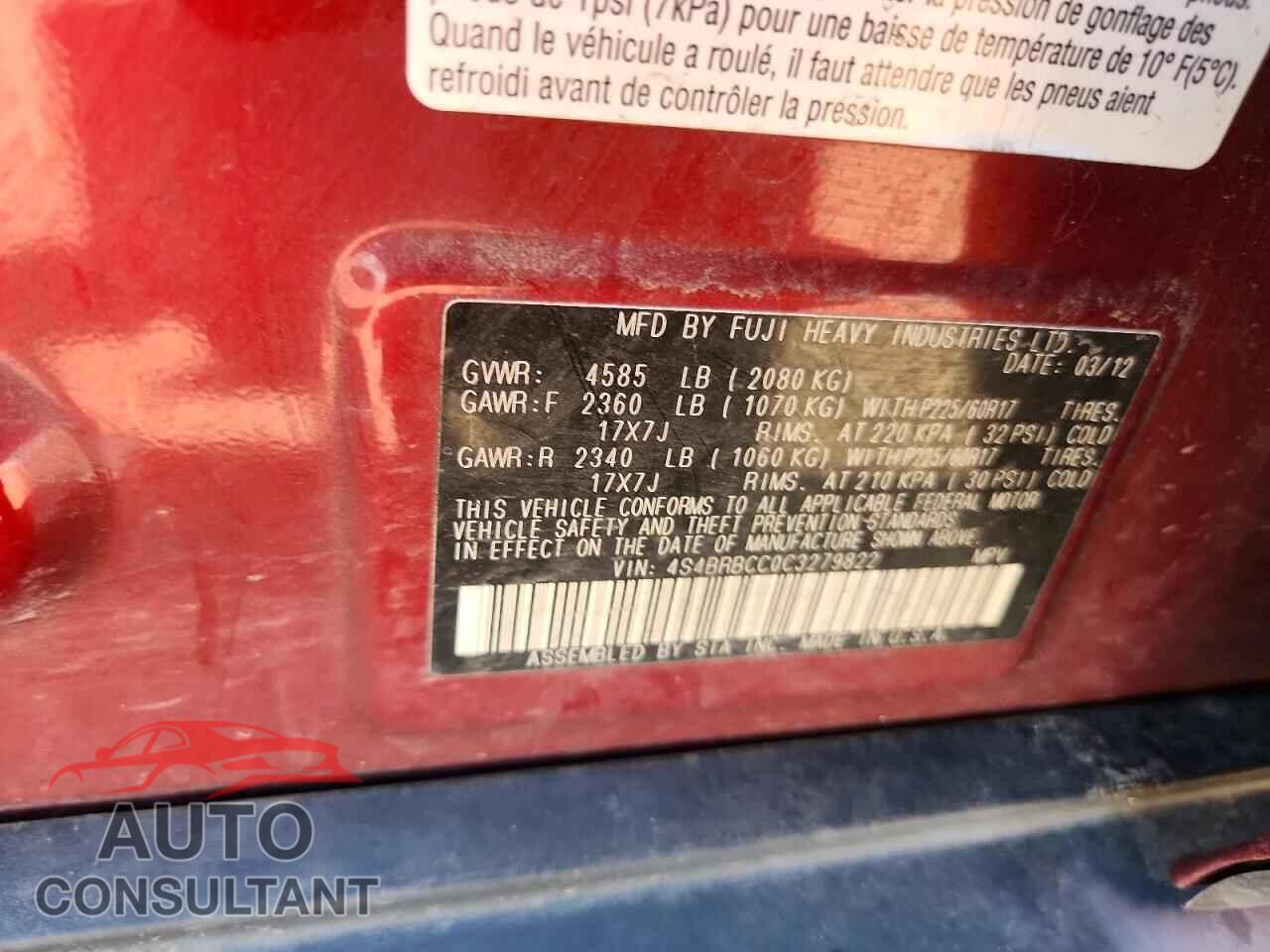 SUBARU OUTBACK 2012 - 4S4BRBCC0C3279822