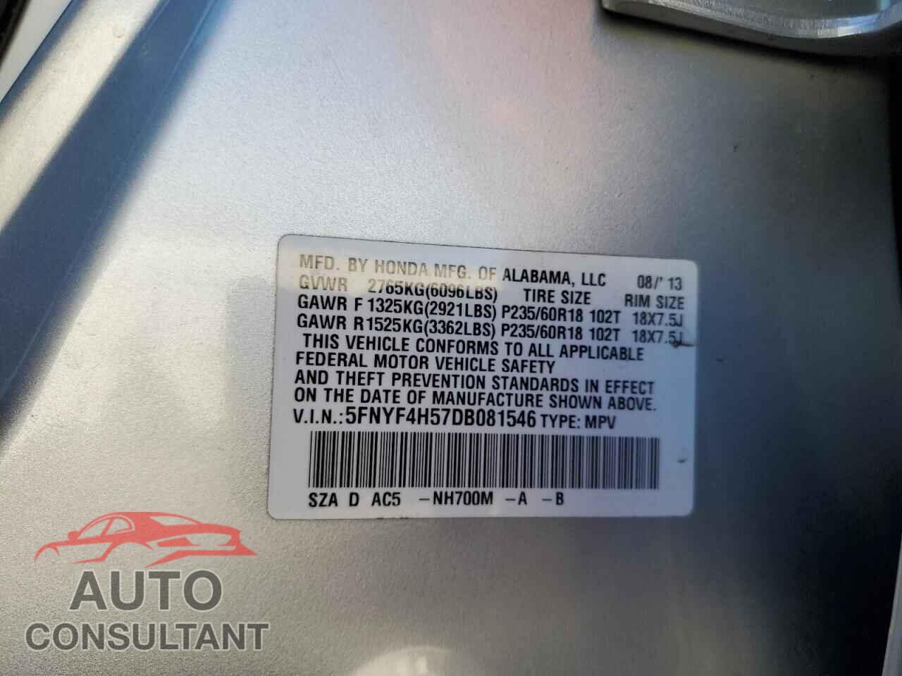 HONDA PILOT 2013 - 5FNYF4H57DB081546