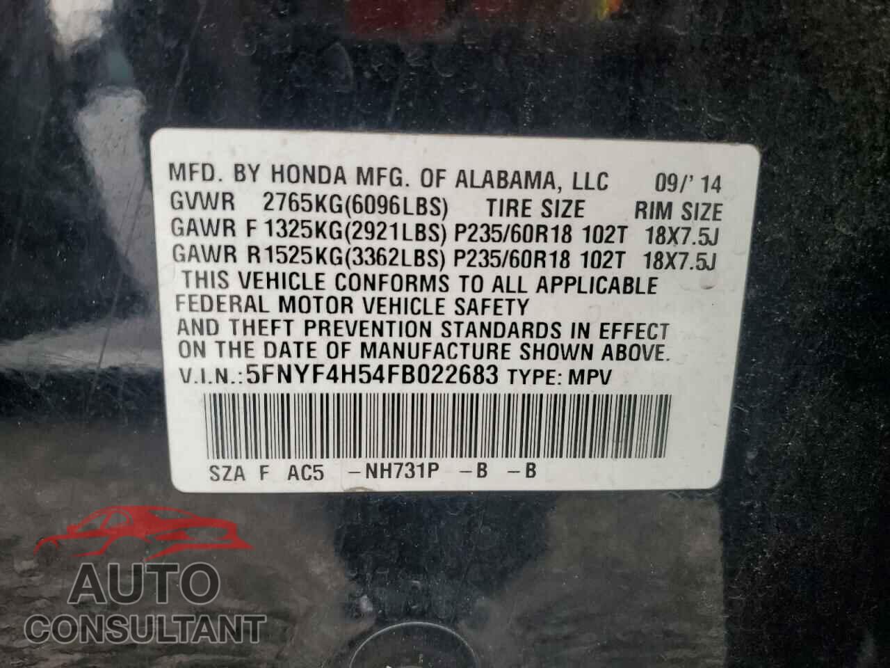 HONDA PILOT 2015 - 5FNYF4H54FB022683