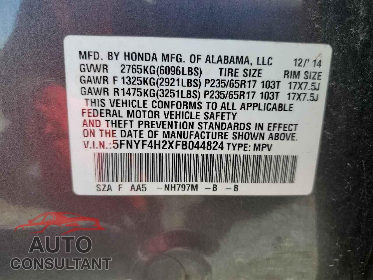 HONDA PILOT 2015 - 5FNYF4H2XFB044824