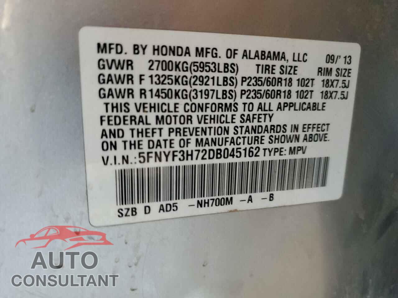 HONDA PILOT 2013 - 5FNYF3H72DB045162