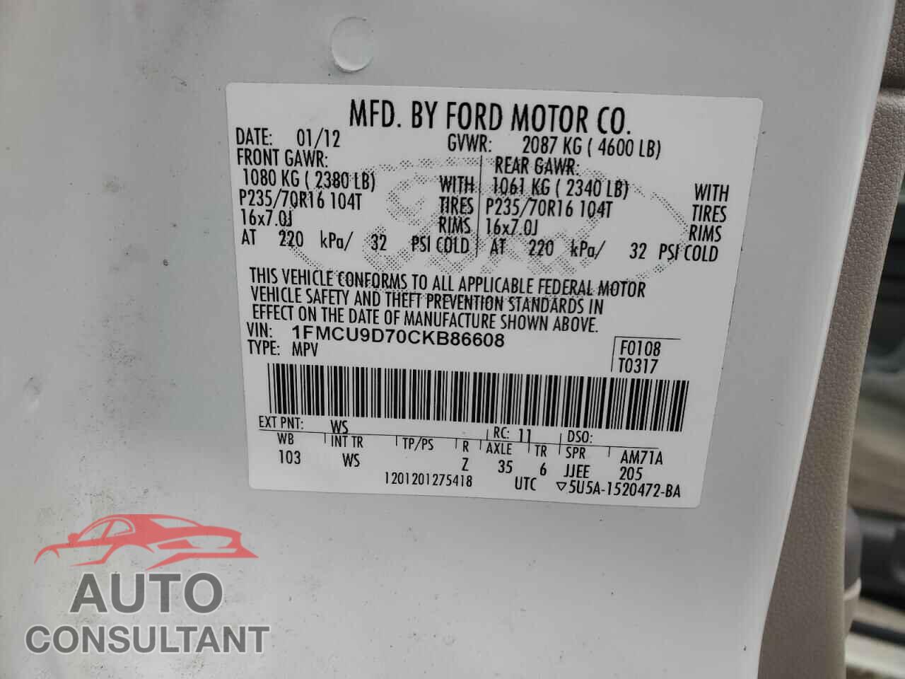 FORD ESCAPE 2012 - 1FMCU9D70CKB86608