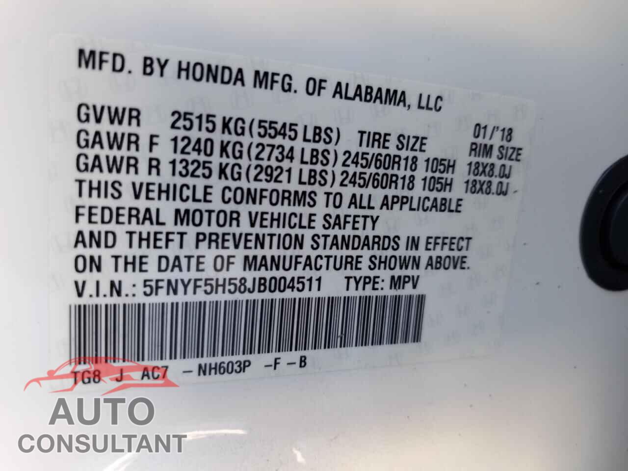HONDA PILOT 2018 - 5FNYF5H58JB004511