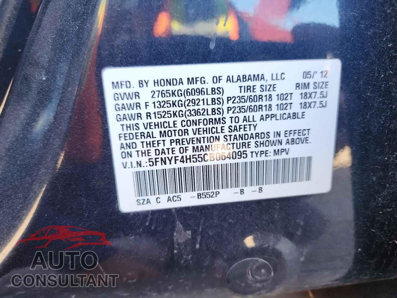 HONDA PILOT 2012 - 5FNYF4H55CB064095