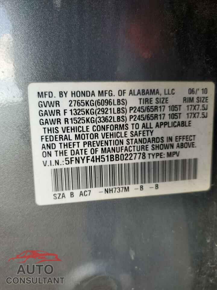 HONDA PILOT 2011 - 5FNYF4H51BB022778