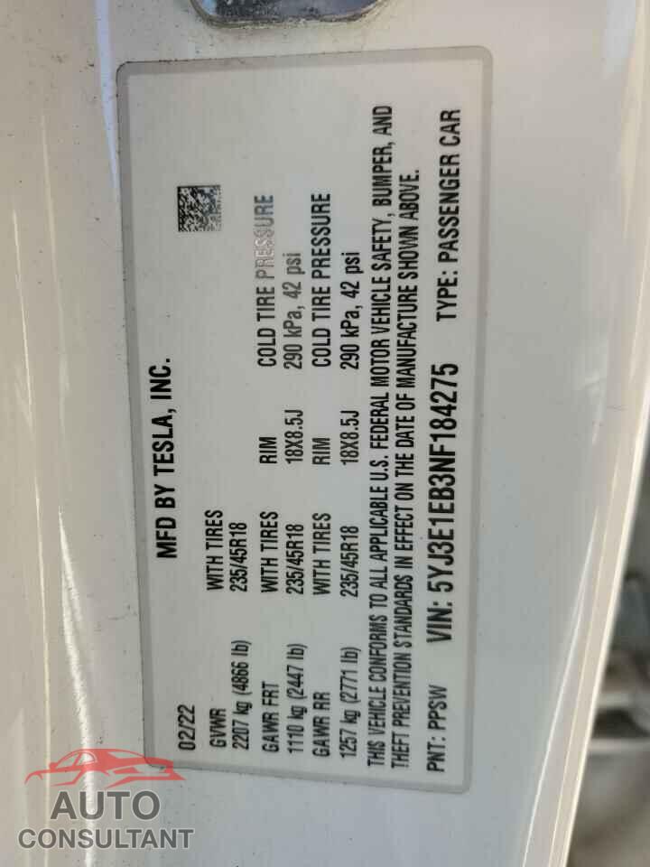 TESLA MODEL 3 2022 - 5YJ3E1EB3NF184275