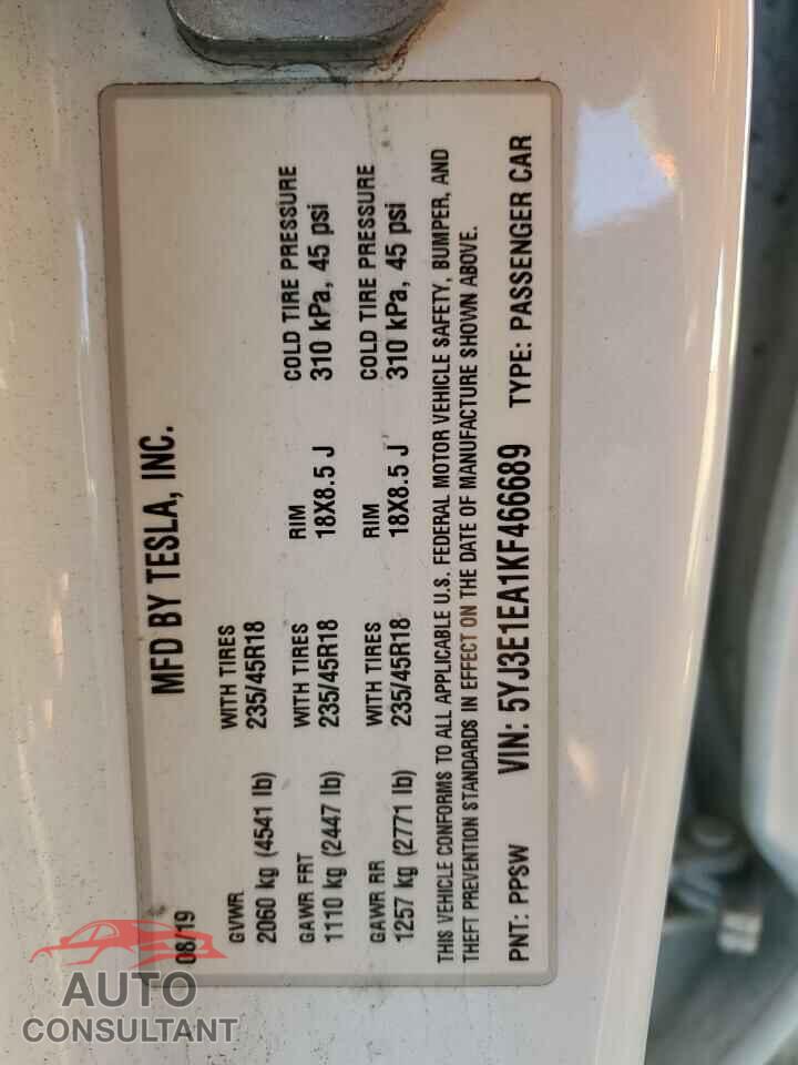 TESLA MODEL 3 2019 - 5YJ3E1EA1KF466689