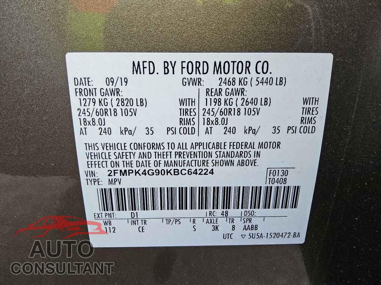 FORD EDGE 2019 - 2FMPK4G90KBC64224