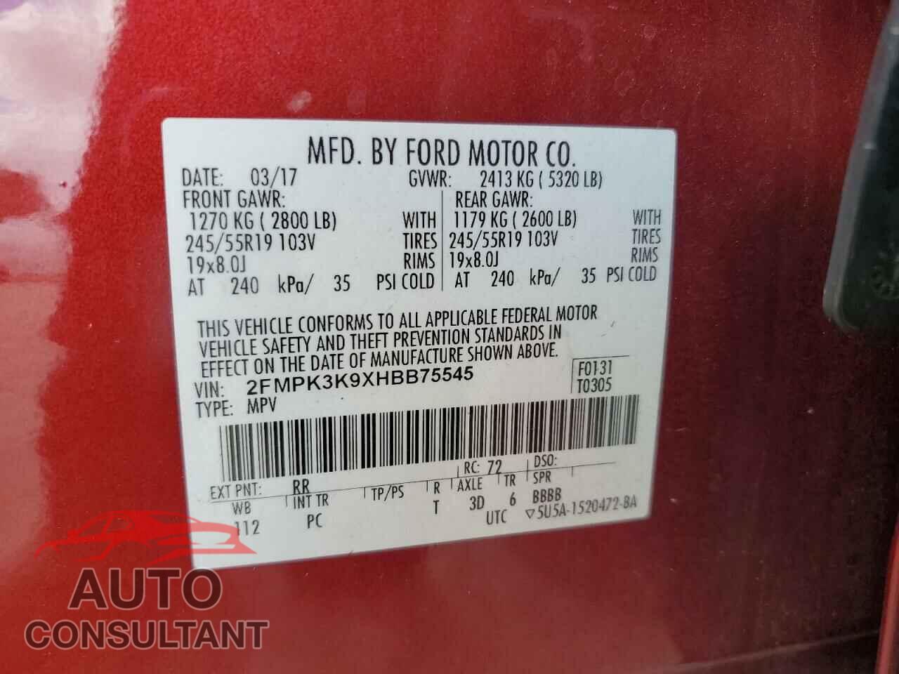 FORD EDGE 2017 - 2FMPK3K9XHBB75545