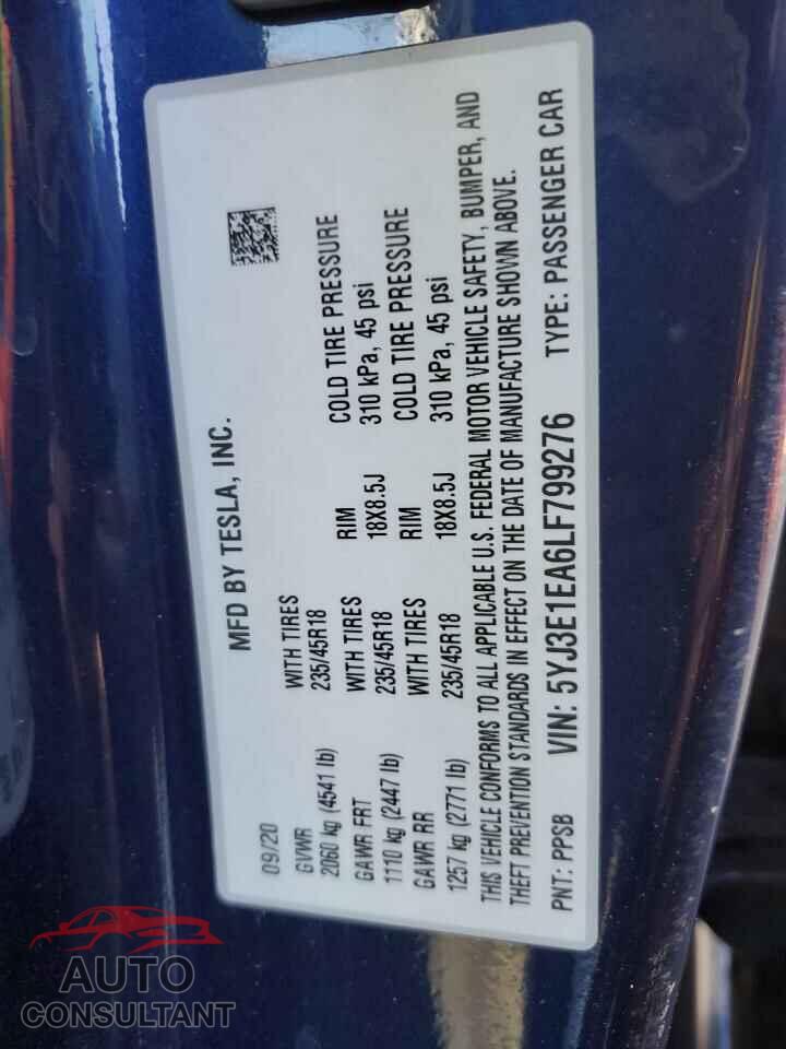 TESLA MODEL 3 2020 - 5YJ3E1EA6LF799276