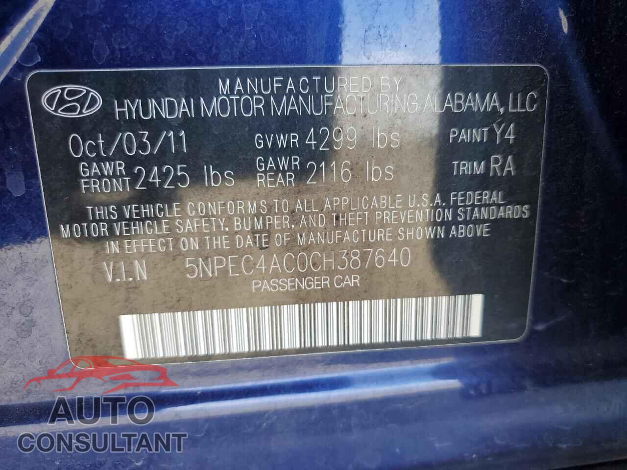 HYUNDAI SONATA 2012 - 5NPEC4AC0CH387640