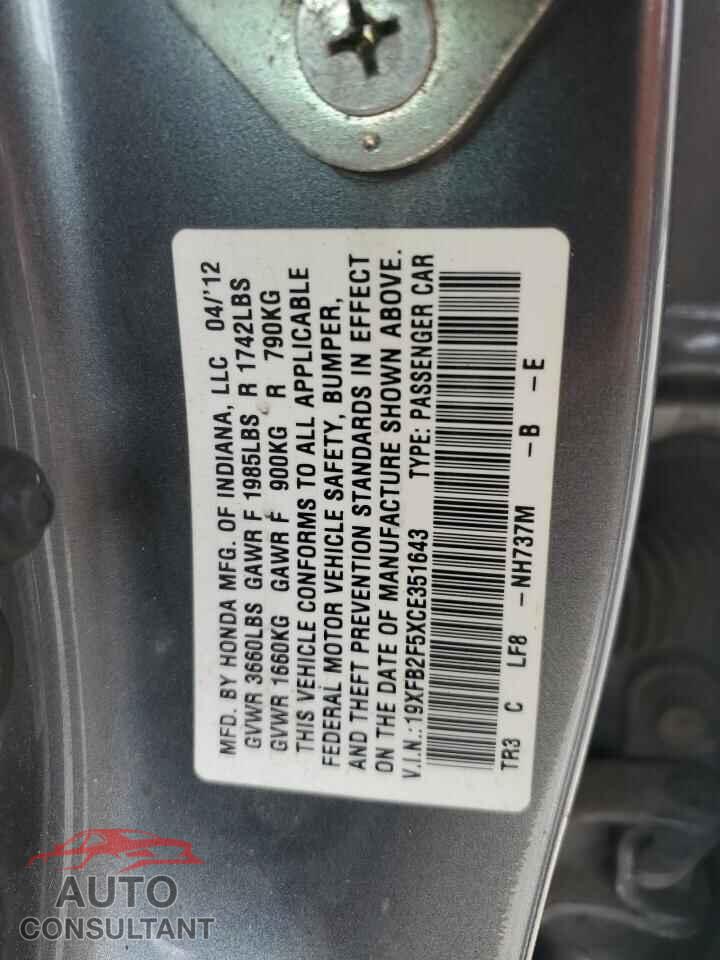 HONDA CIVIC 2012 - 19XFB2F5XCE351643