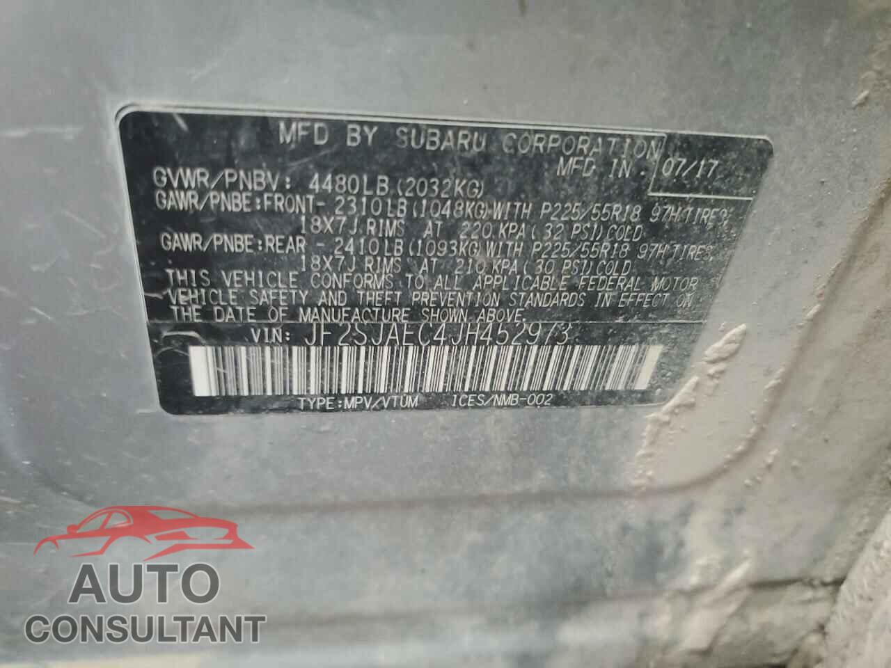 SUBARU FORESTER 2018 - JF2SJAEC4JH452973