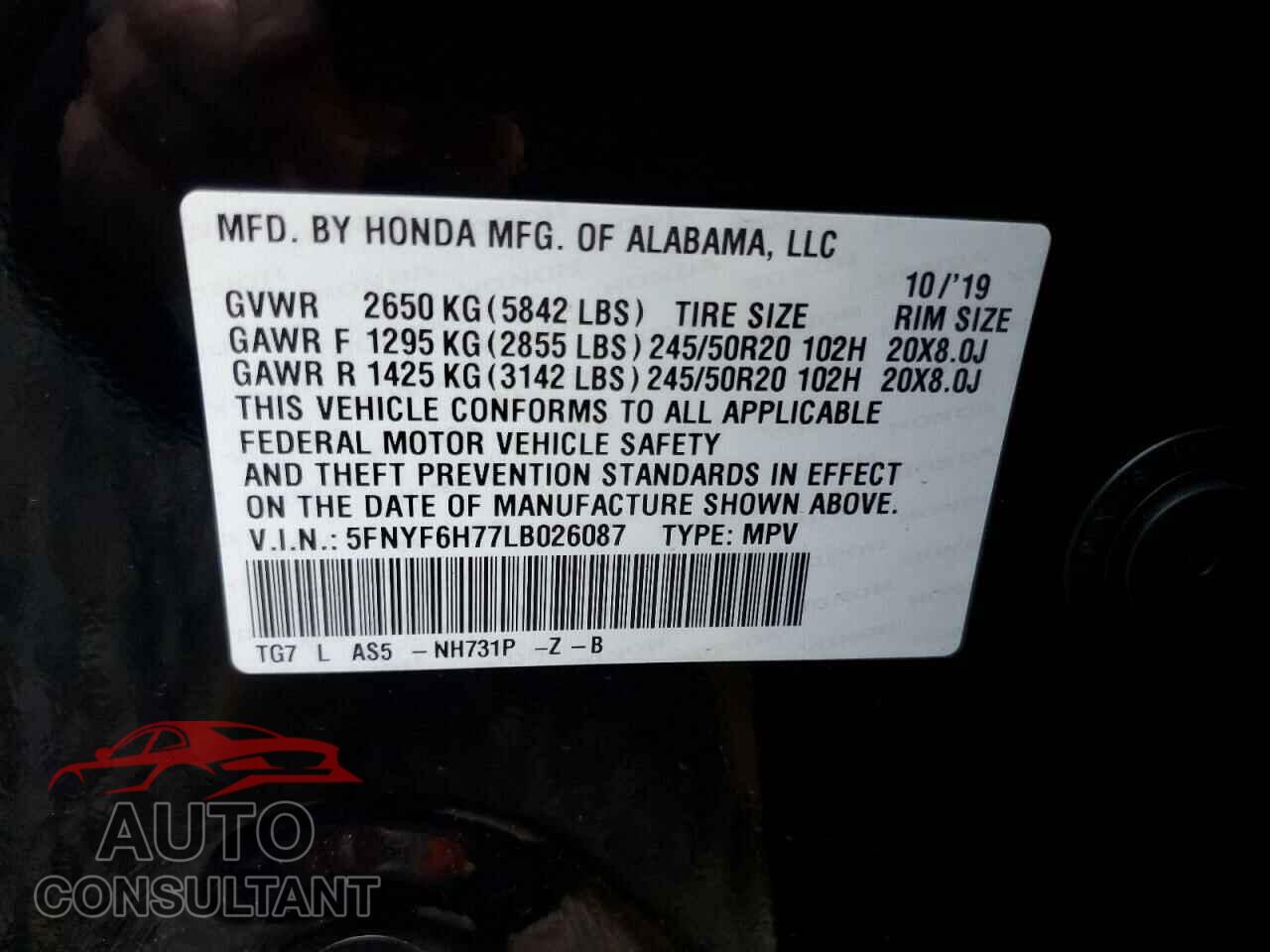 HONDA PILOT 2020 - 5FNYF6H77LB026087