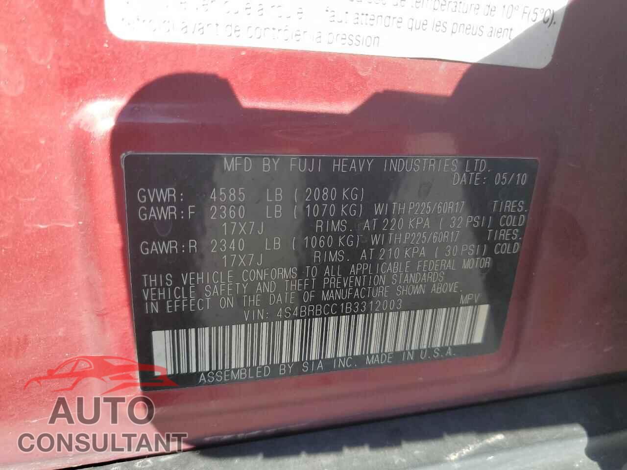 SUBARU OUTBACK 2011 - 4S4BRBCC1B3312003