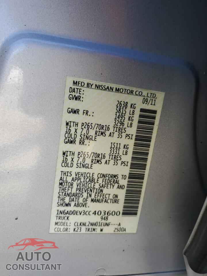 NISSAN FRONTIER 2012 - 1N6AD0EV3CC403600
