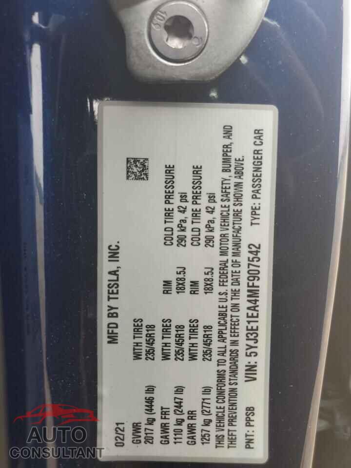 TESLA MODEL 3 2021 - 5YJ3E1EA4MF907542