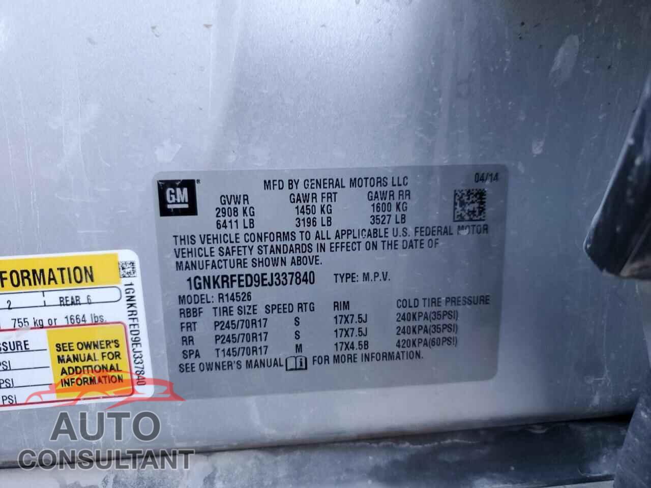 CHEVROLET TRAVERSE 2014 - 1GNKRFED9EJ337840