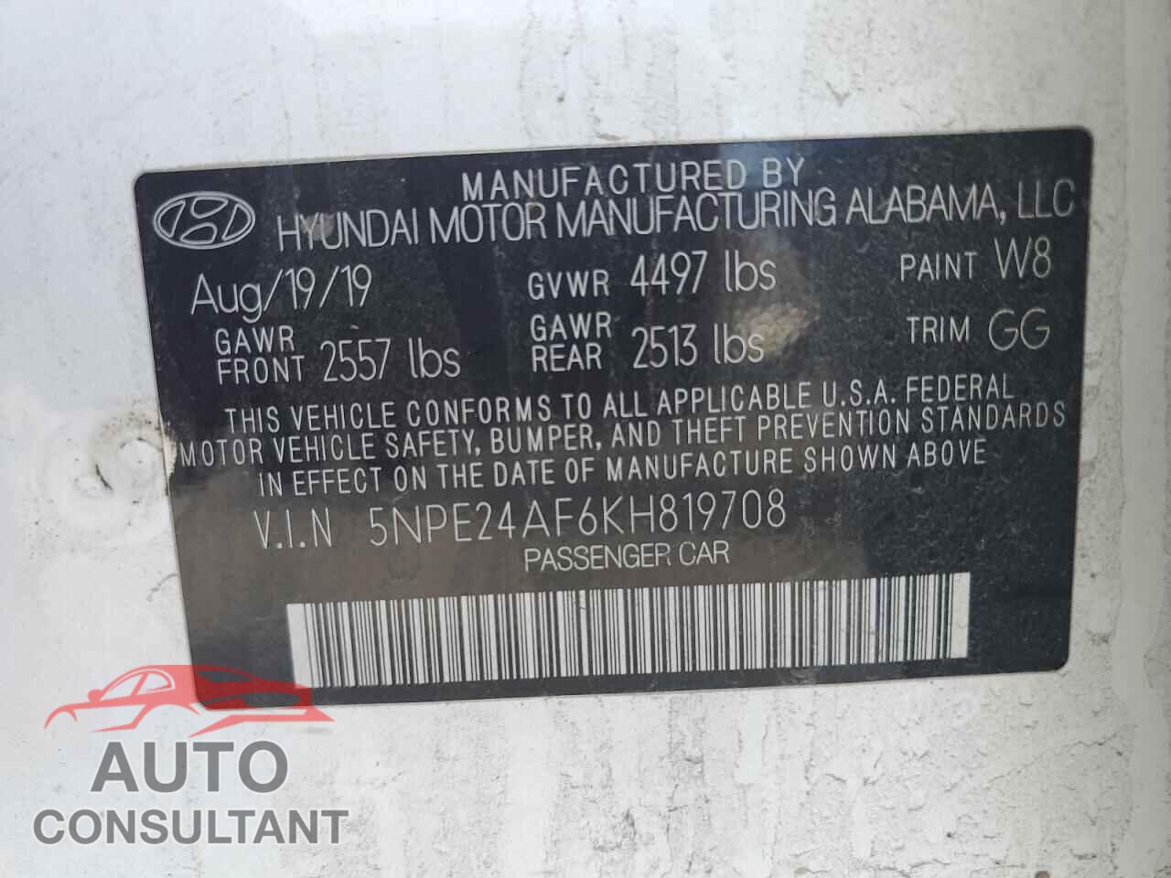 HYUNDAI SONATA 2019 - 5NPE24AF6KH819708