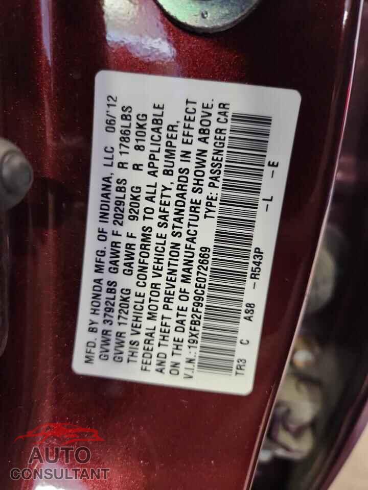 HONDA CIVIC 2012 - 19XFB2F99CE072669