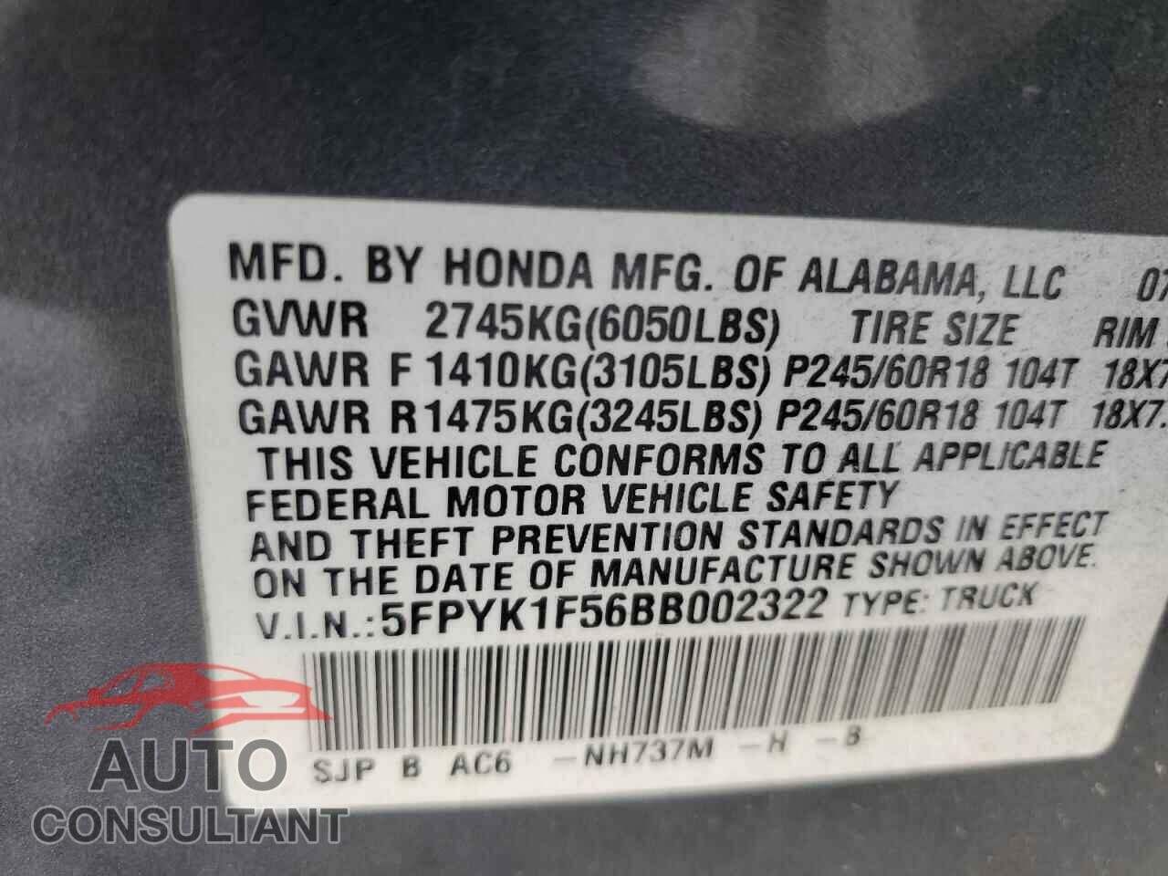 HONDA RIDGELINE 2011 - 5FPYK1F56BB002322