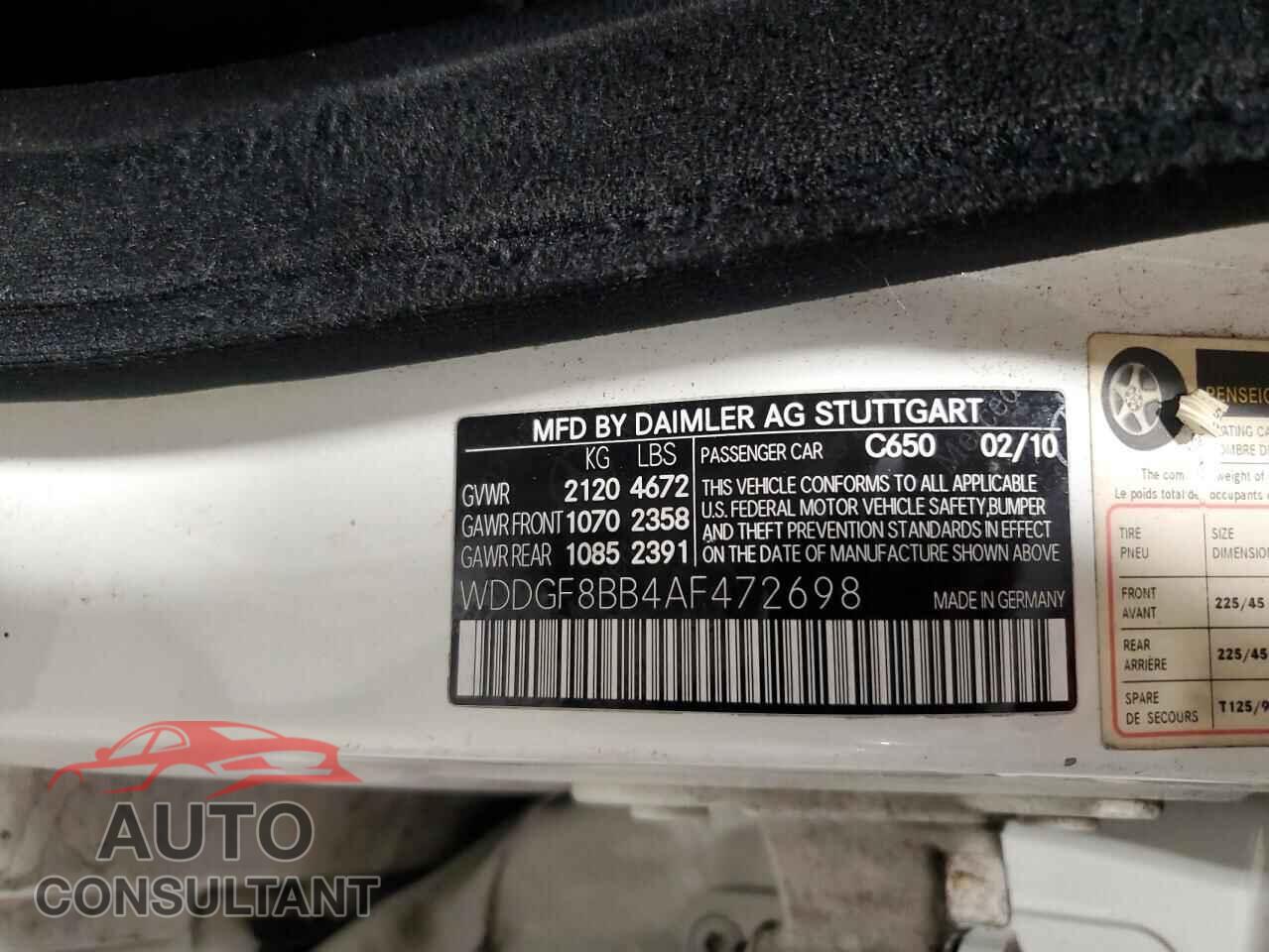 MERCEDES-BENZ C-CLASS 2010 - WDDGF8BB4AF472698