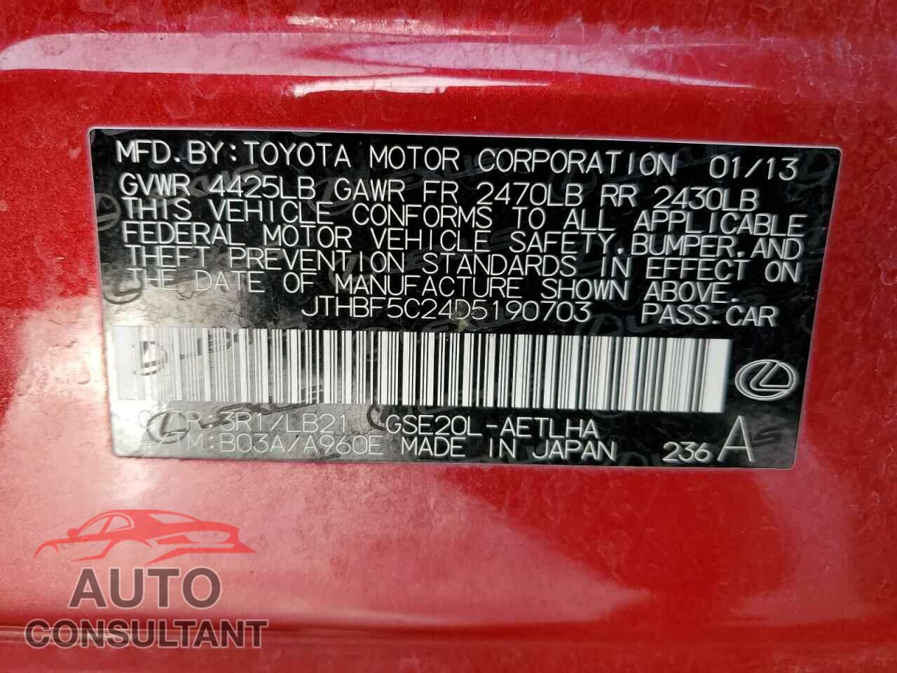 LEXUS IS 2013 - JTHBF5C24D5190703