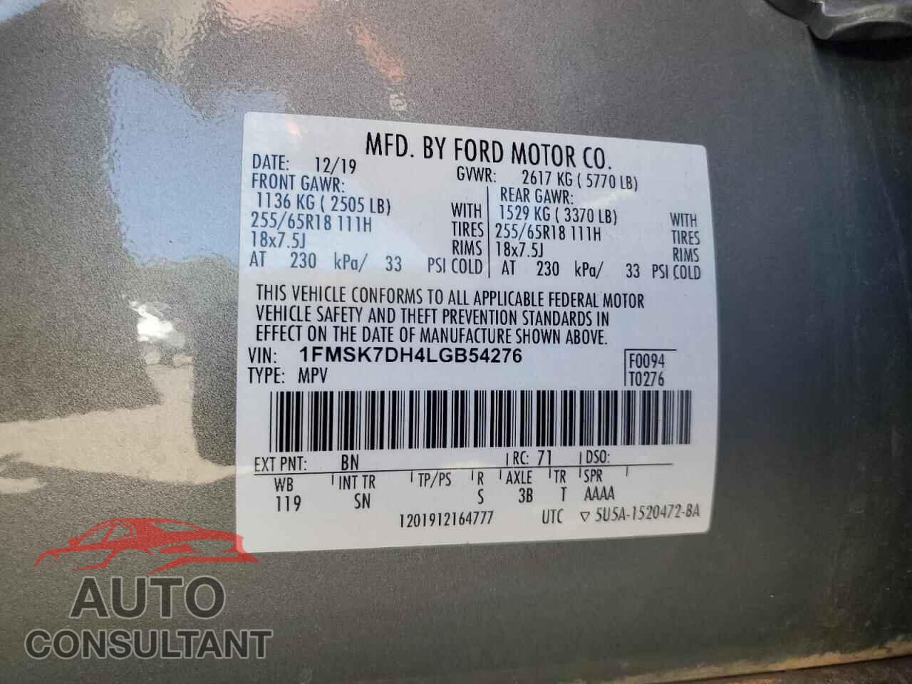 FORD EXPLORER 2020 - 1FMSK7DH4LGB54276