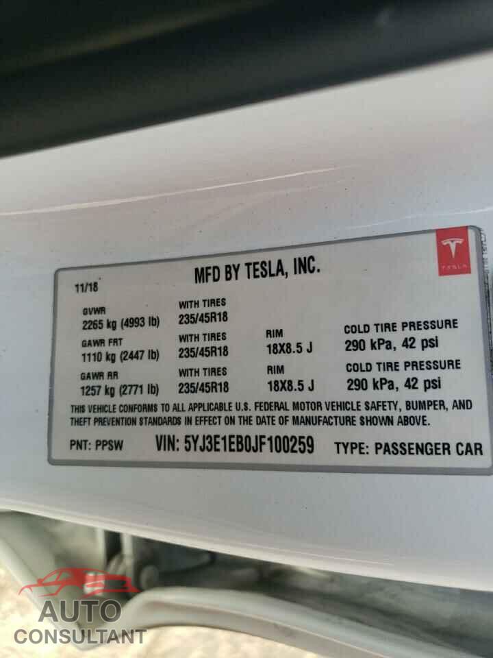 TESLA MODEL 3 2018 - 5YJ3E1EB0JF100259