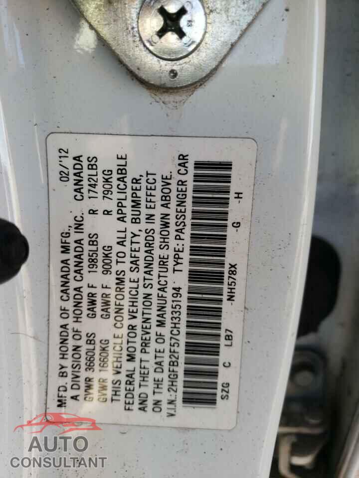 HONDA CIVIC 2012 - 2HGFB2F57CH335194
