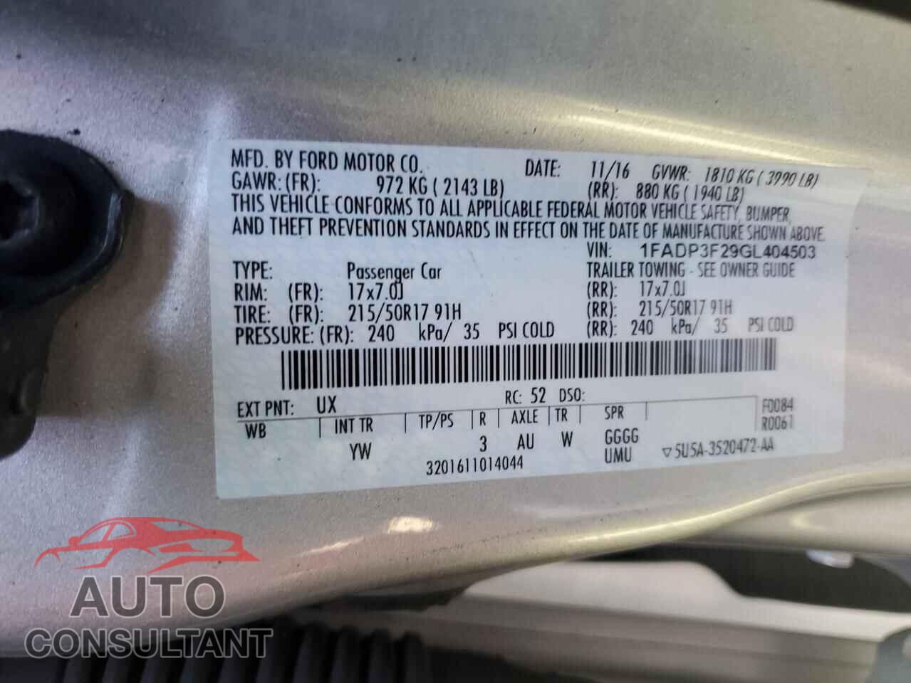 FORD FOCUS 2016 - 1FADP3F29GL404503