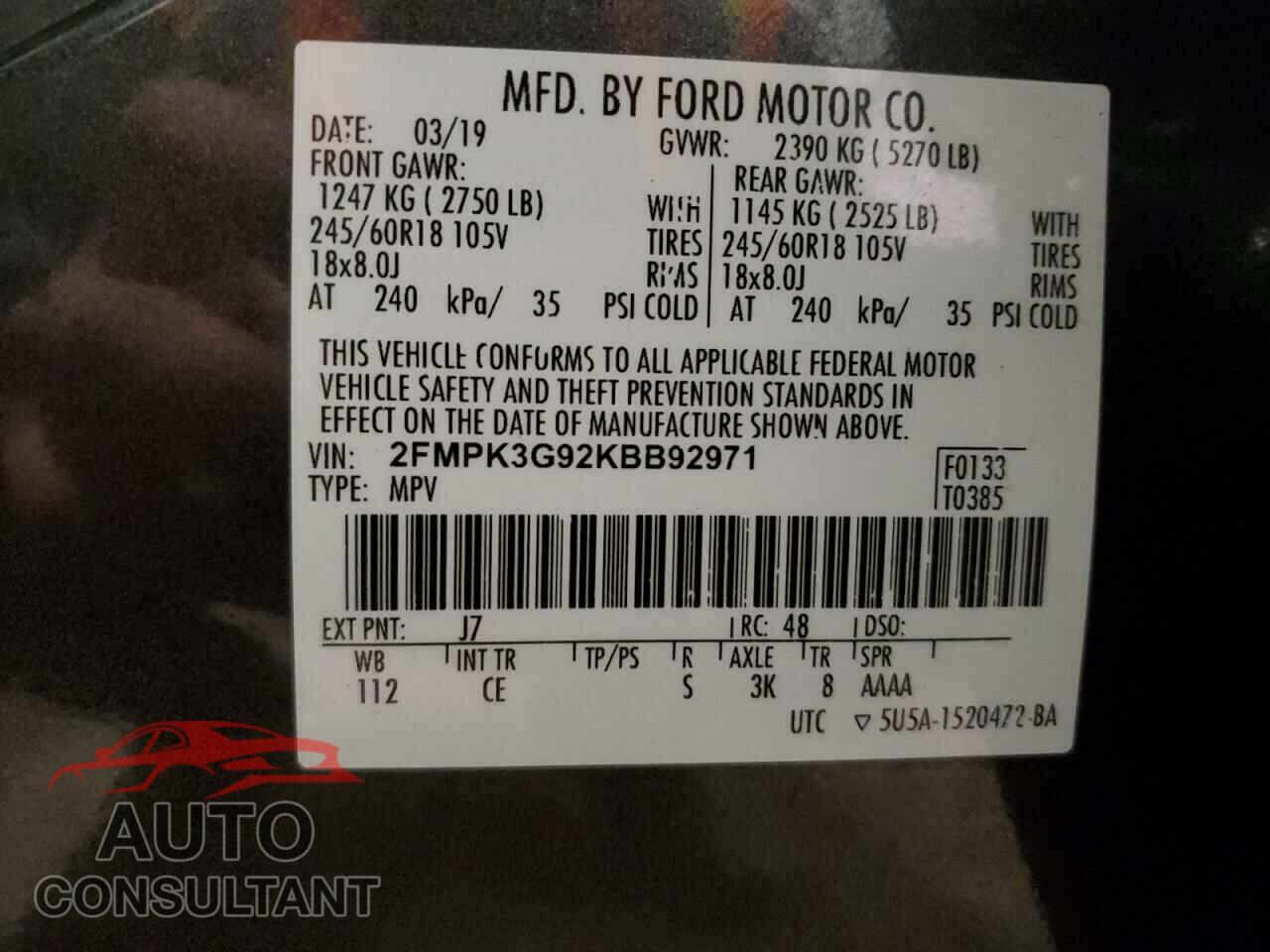 FORD EDGE 2019 - 2FMPK3G92KBB92971