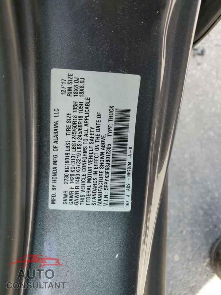 HONDA RIDGELINE 2018 - 5FPYK3F68JB012305