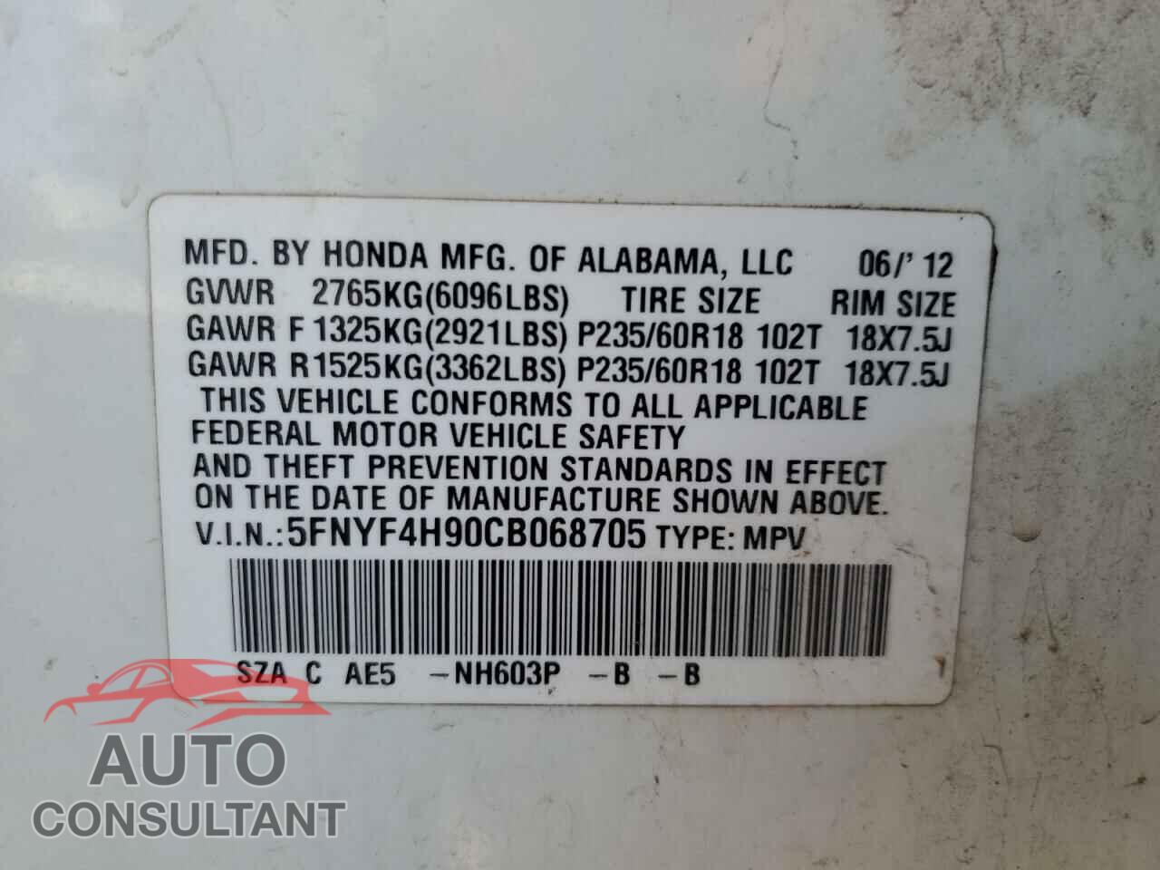 HONDA PILOT 2012 - 5FNYF4H90CB068705