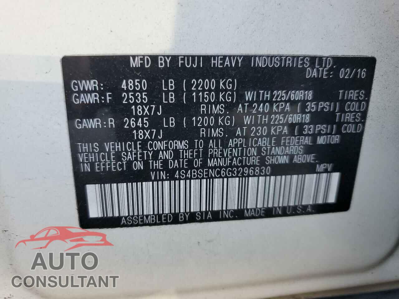 SUBARU OUTBACK 2016 - 4S4BSENC6G3296830