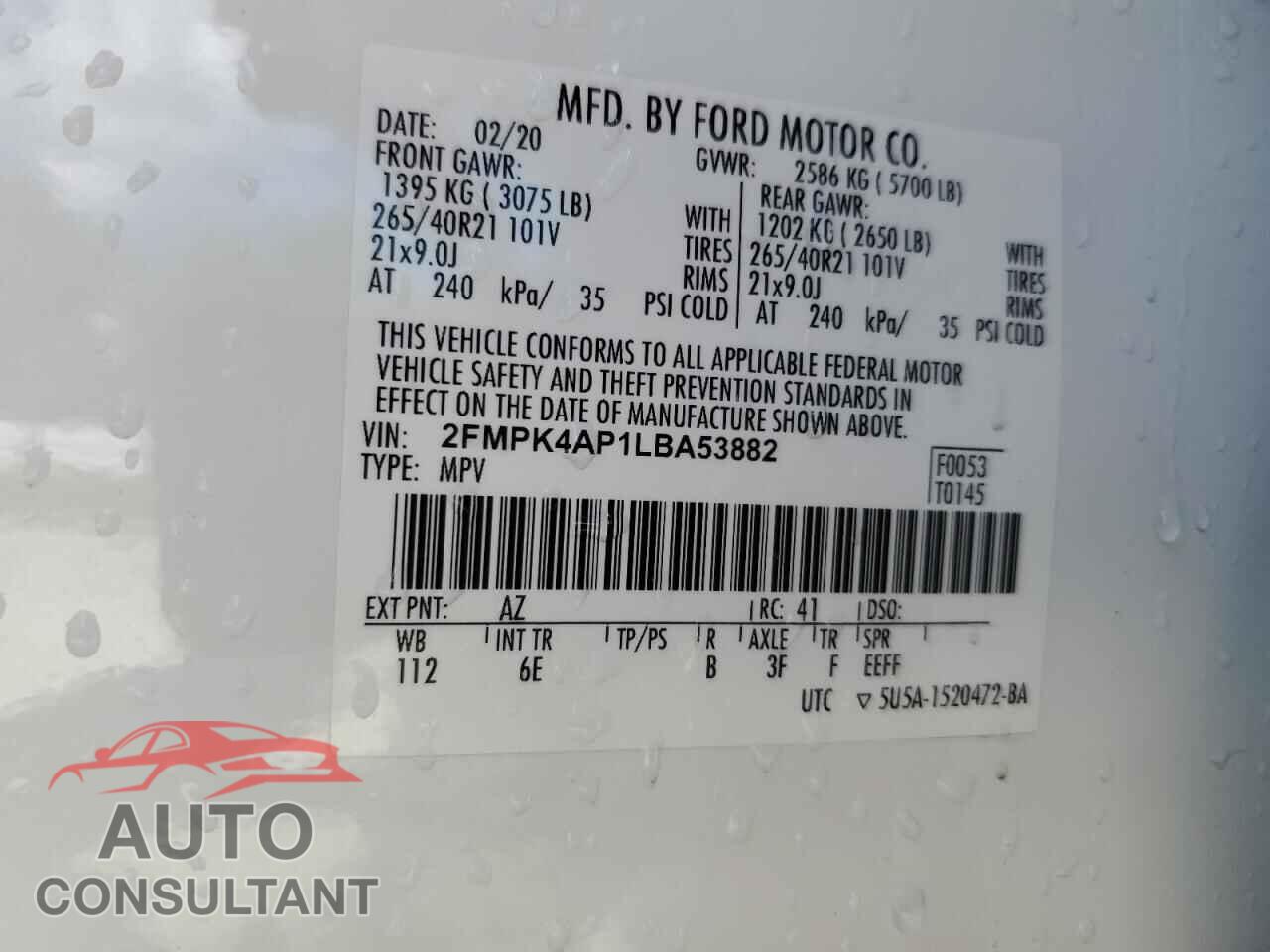 FORD EDGE 2020 - 2FMPK4AP1LBA53882