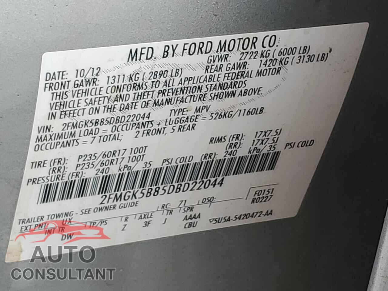 FORD FLEX 2013 - 2FMGK5B85DBD22044