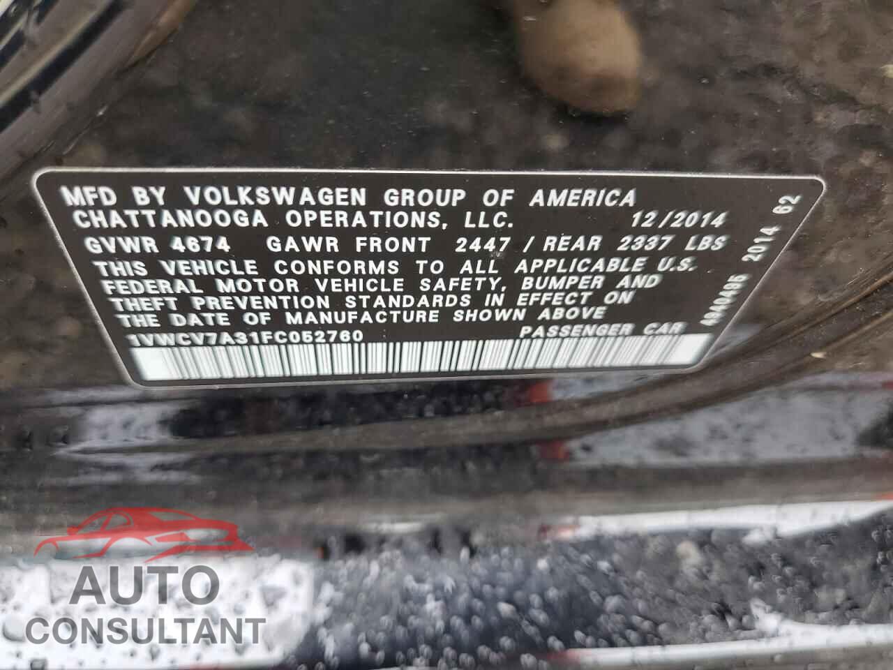 VOLKSWAGEN PASSAT 2015 - 1VWCV7A31FC052760