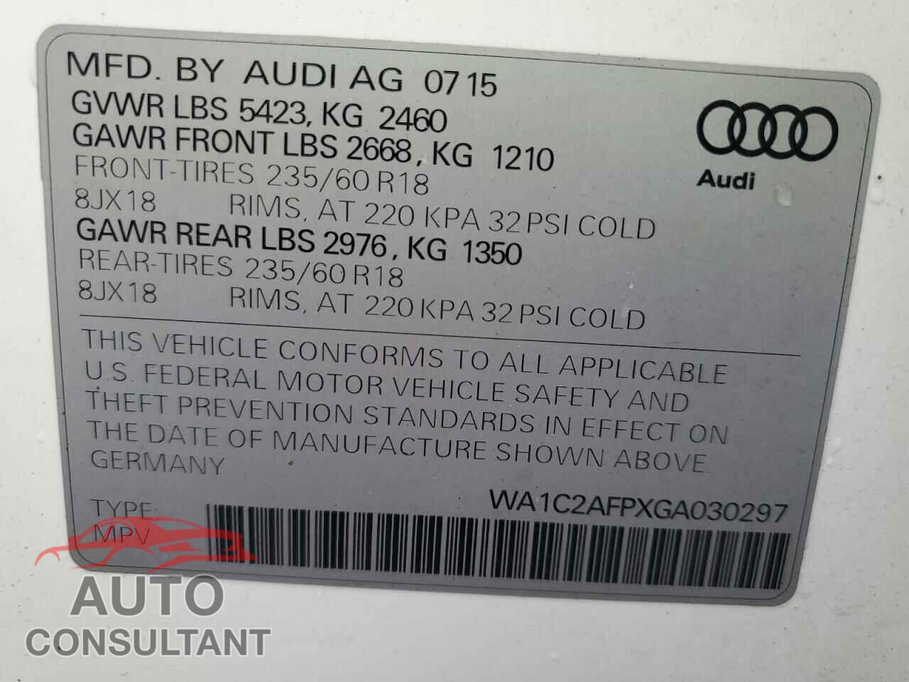 AUDI Q5 2016 - WA1C2AFPXGA030297