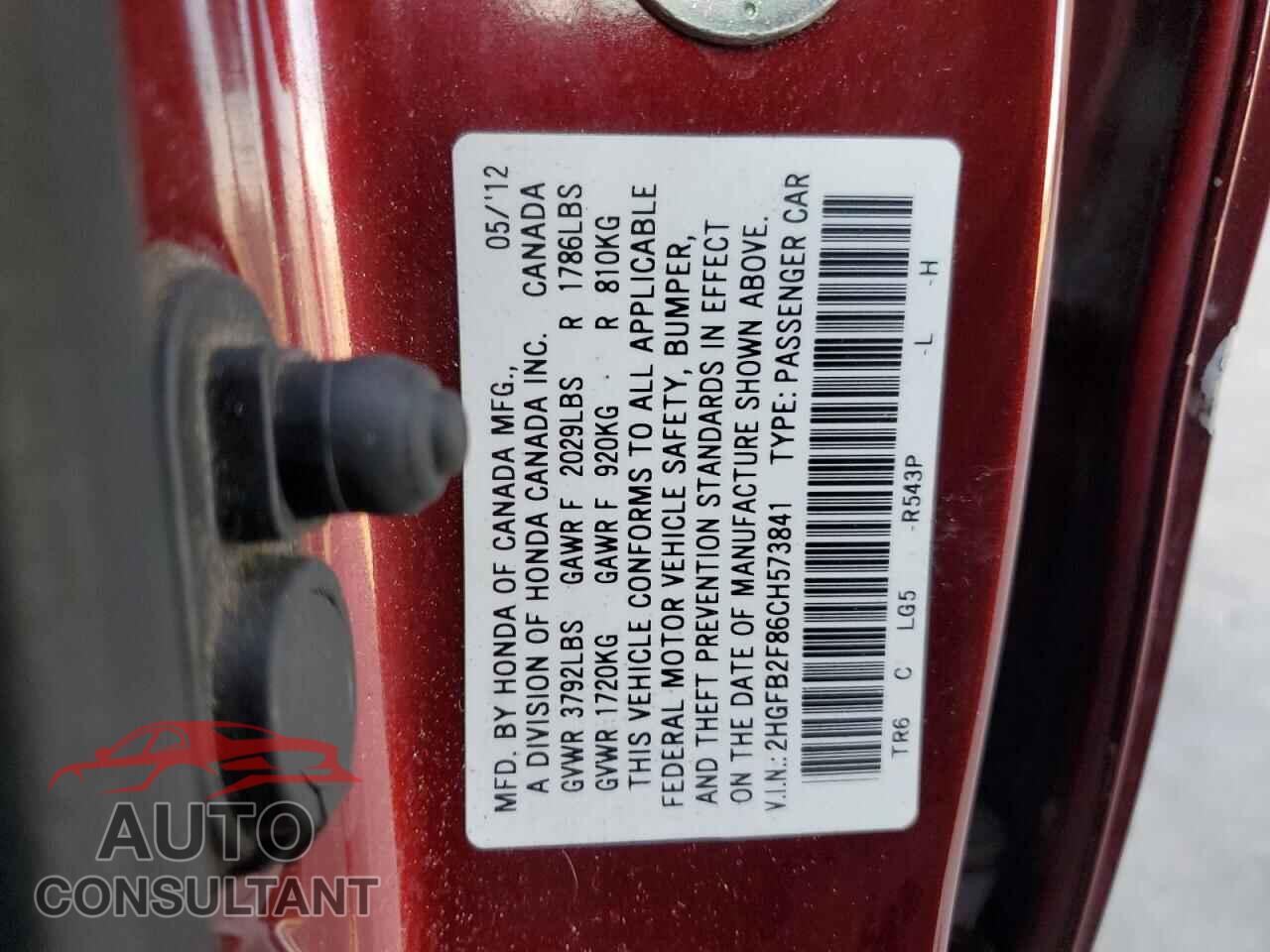 HONDA CIVIC 2012 - 2HGFB2F86CH573841